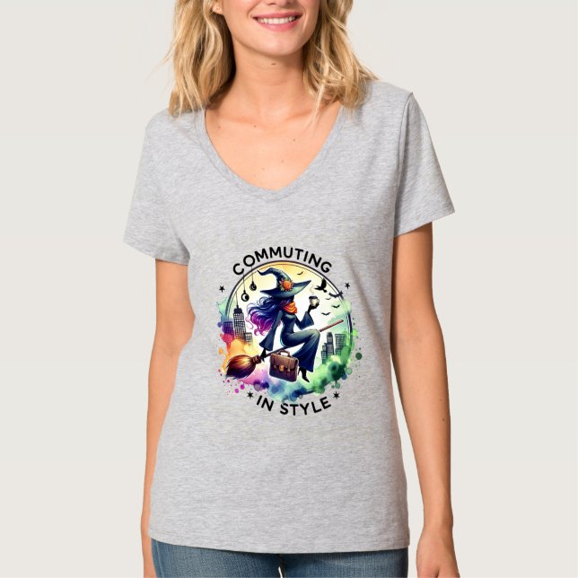 Camiseta Commuting in Style – Elegant Witch Design for Tre (Frente)