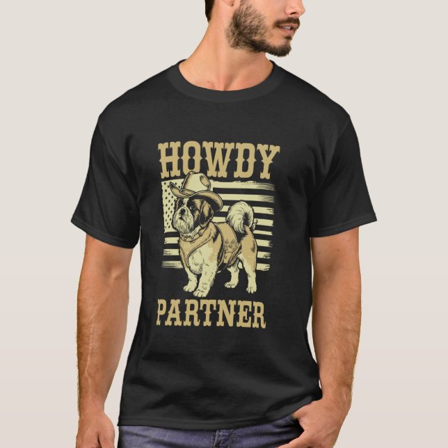 Camiseta Como vai parceiro cão cowboy Shih Tzu estilo ocide (Frente)