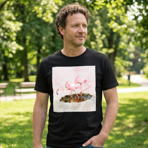 Camiseta Companheirismo de Flamingos Rosa na Arte em Aquare