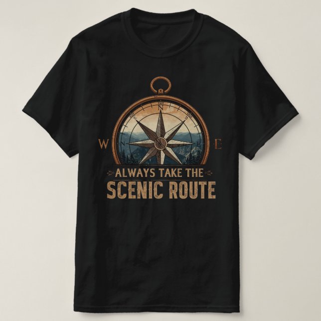 Camiseta Compass Camping Tee – Sempre Escolha a Rota Panorâ (Frente do Design)