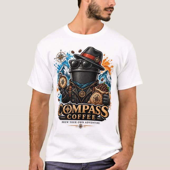 Camiseta Compass Coffee Adventure Design Vintage (Frente)