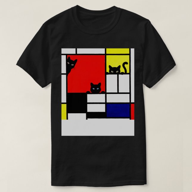 Camiseta Composição de Gatos Mondrianos com Azul Amarelo Ve (Frente do Design)
