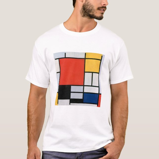 Camiseta Composição de Mondrian Vermelho, Amarelo, Azul, Pr (Frente)