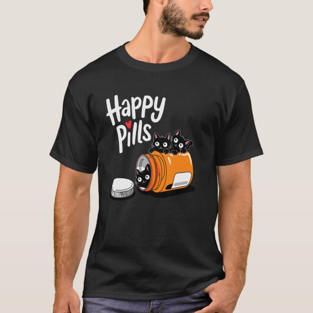 Camiseta Comprimidos Felizes de Gatinho Fofo Piada de Gato  (Frente)