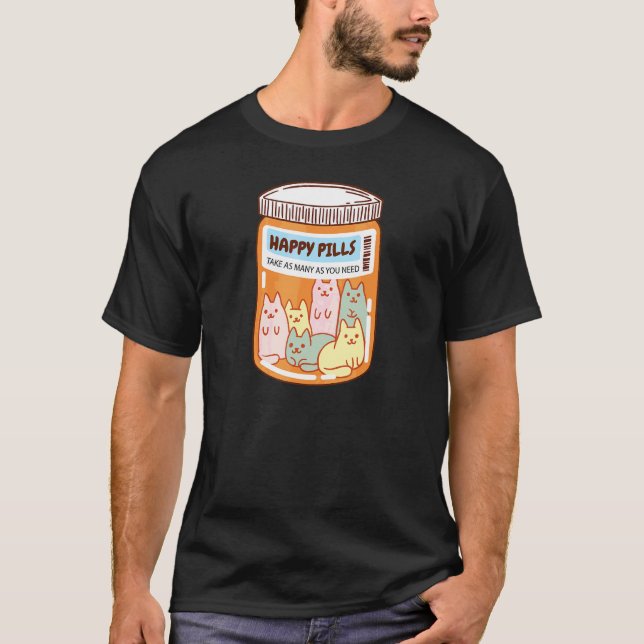 Camiseta Comprimidos Felizes Gato Fofo Saúde Mental Gatos (Frente)