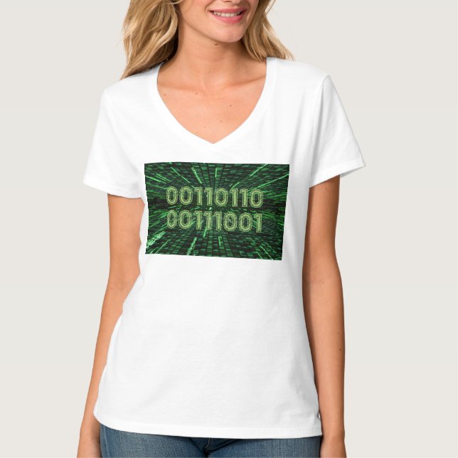 Camiseta Computação verde vibrante com código binário 69 do (Frente)