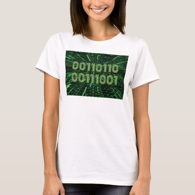 Camiseta Computação verde vibrante com código binário 69 do (Frente)