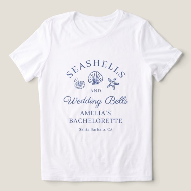 Camiseta Conchas e Sininhos de Casamento Fim de Semana de D (Design frontal)