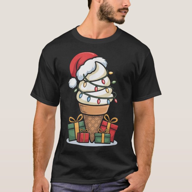 Camiseta Cone de Sorvete das Luzes de Natal com Papai Noel (Frente)