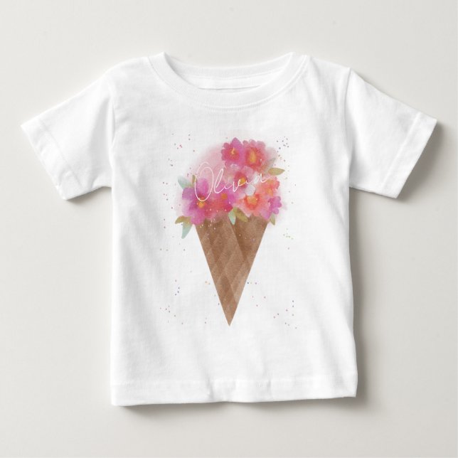 Camiseta Cone de Sorvete Floral de Nome Personalizado (Frente)
