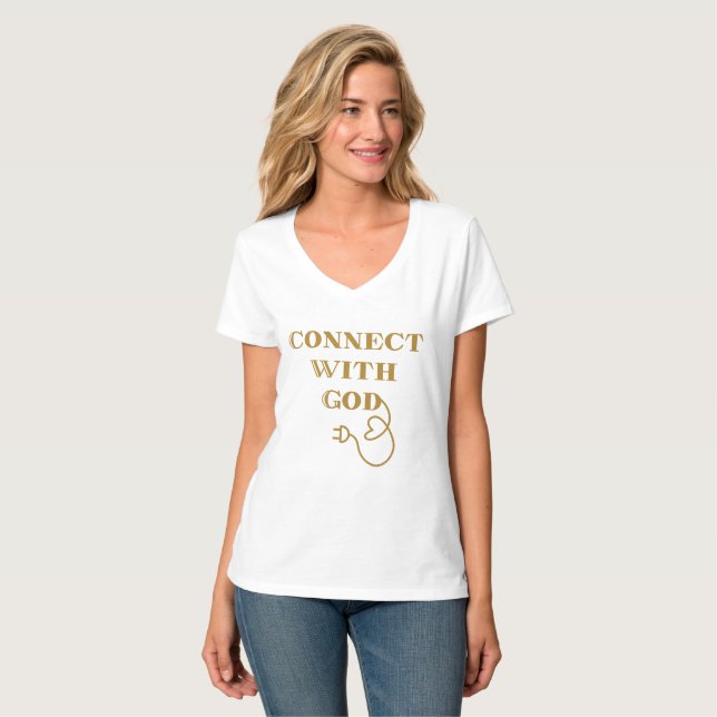 Camiseta Conecte-se com Deus Bíblico Citação V-Neck da Mulh (Frente Completa)