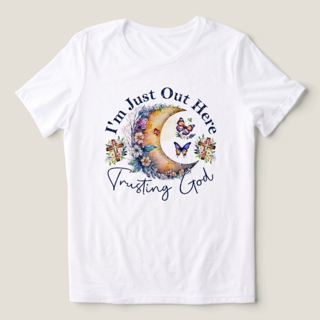 Camiseta Confiança em Deus, Lua, Flores e Borboletas (Design frontal)