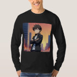 Camiseta Confident Anime Boy in City at Sunset – Digital Ar<br><div class="desc">High-quality digital illustration of a confident anime boy standing with crossed arms against a modern city skyline at sunset. The warm golden-hour lighting and detailed anime art style create a cinematic and aesthetic atmosphere. Perfect for anime fans, wallpapers, digital art collections, and creative design projects.</div>