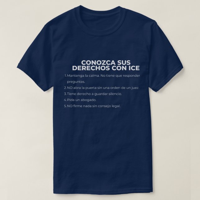 Camiseta Conheça Seus Direitos em Espanhol Com a ICE (Frente do Design)