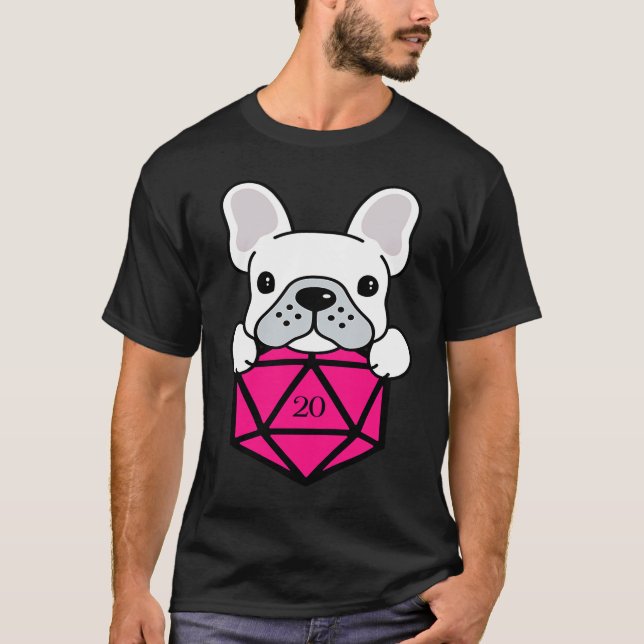 Camiseta Conjunto de Dados D20 Polidedro Rosa-Rosa-Cachorro (Frente)