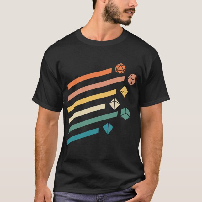 Camiseta Conjunto de Dados Poliédricos Arco-íris Retro Core (Frente)