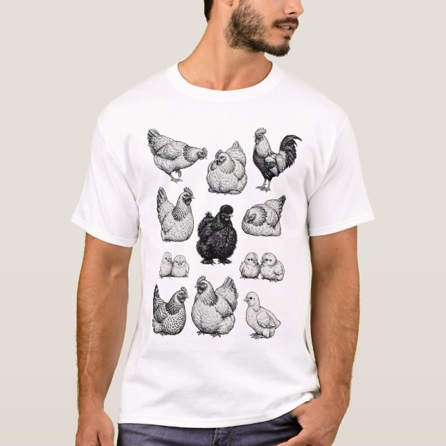 Camiseta Conjunto de Ilustrações de Frango de Fazenda Vinta (Frente)