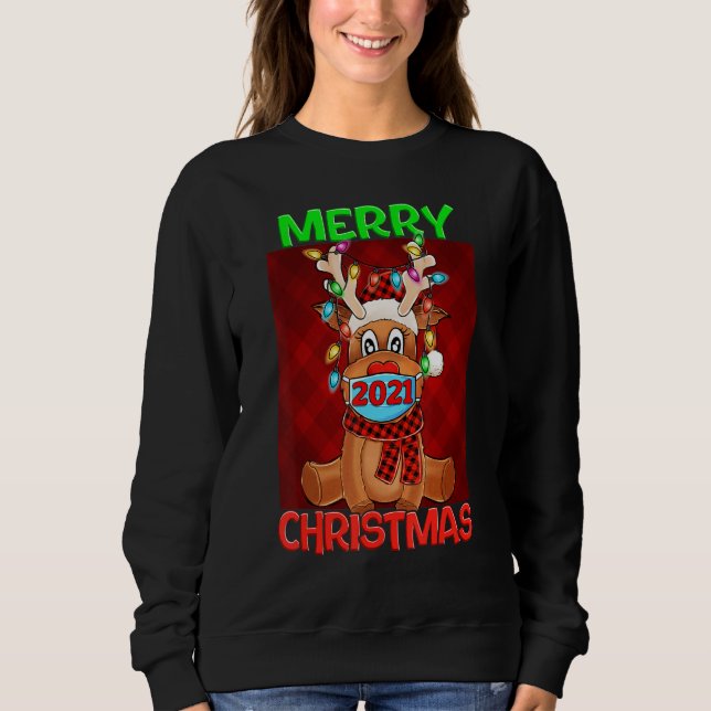 Camiseta Conjunto de Natal 2021 Máscara de Rena Combinando  (Frente)
