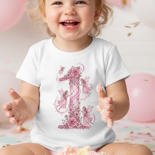 Camiseta Conjunto Fada Menina Rosa 1º Aniversário (Girl's 1st birthday photoshoot shirt - perfect for fairy first birthday)