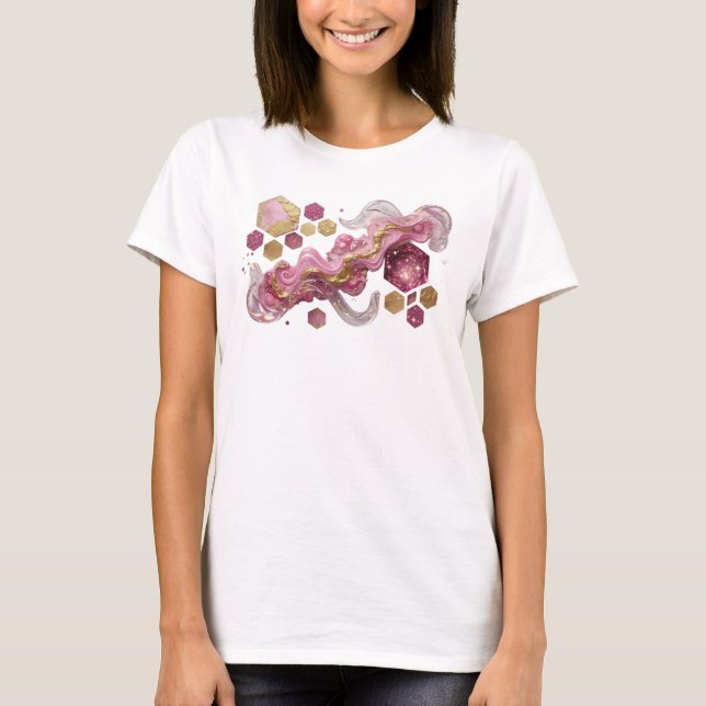 Camiseta Conjunto Hexágono Brilho Rosa Dourado Clássico (Frente)