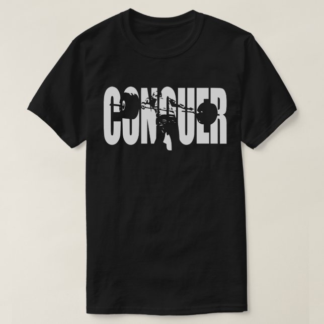 Camiseta CONQUER - Elevação de Peso da Olimpiadas - Motivaç (Frente do Design)