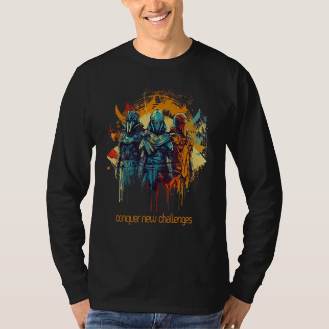 Camiseta Conquer New Challenges Gamers Motivational Slogans (Frente)