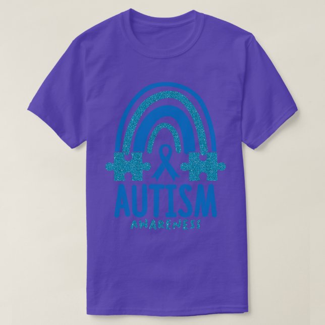 Camiseta Consciência Autismo Mês Quebra-cabeça Azul Arco-Ír (Frente do Design)