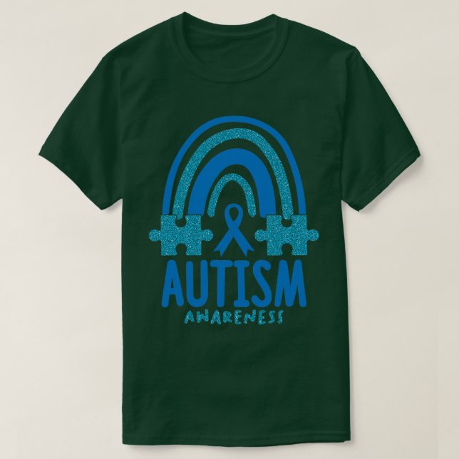 Camiseta Consciência Autismo Mês Quebra-cabeça Azul Arco-Ír (Frente do Design)