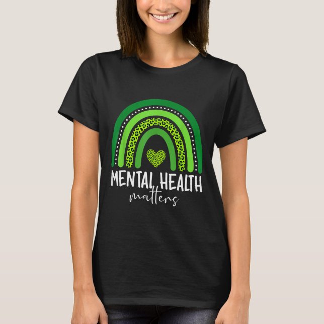 Camiseta Consciência da saúde mental cérebro arco-íris verd (Frente)