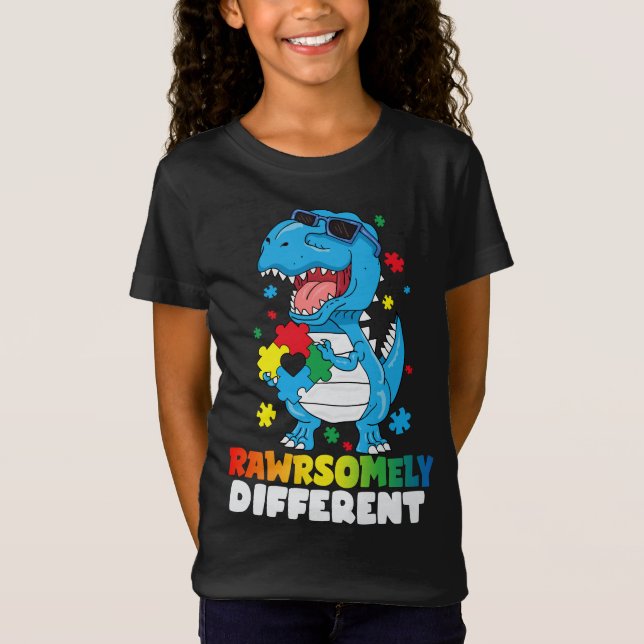Camiseta Consciência do Autismo Dinossauro Muito Diferente (Frente)