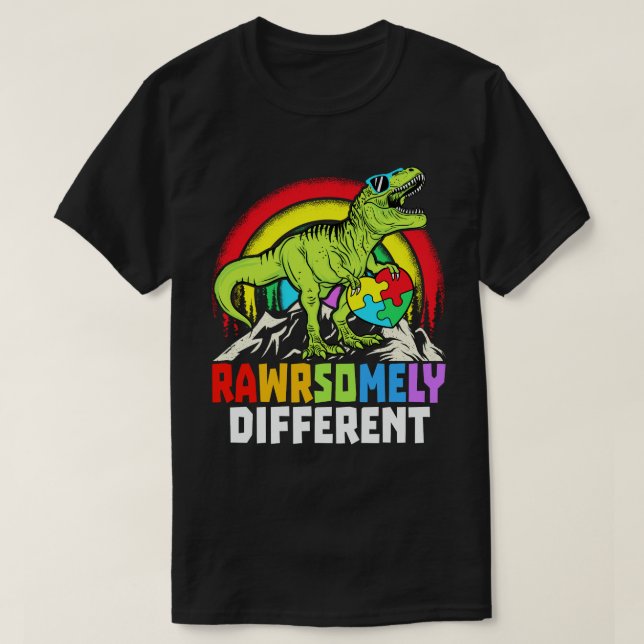 Camiseta Consciência do Autismo Dinossauro Muito Diferente (Frente do Design)