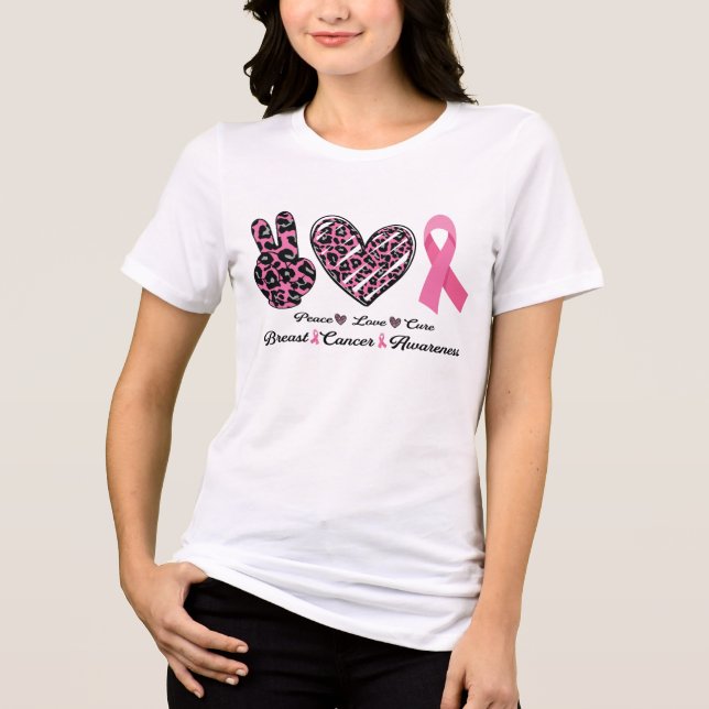 Camiseta Consciência do Cancer da Mama Paz Amor Cura Rosa (Frente)