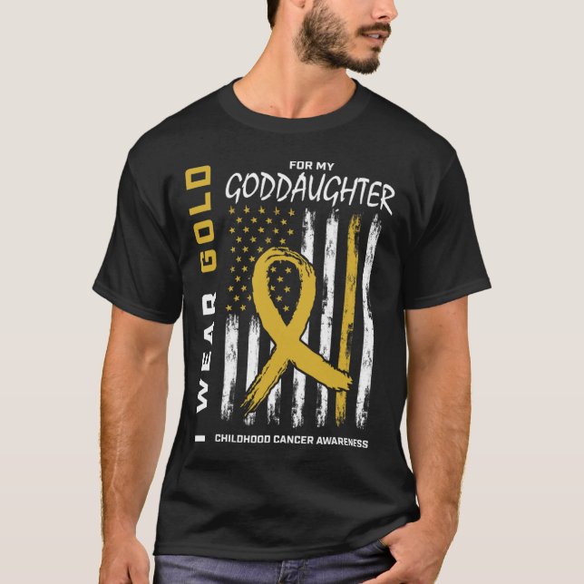Camiseta Consciência do Câncer Infantil Ouro Padrinho Ameri (Frente)