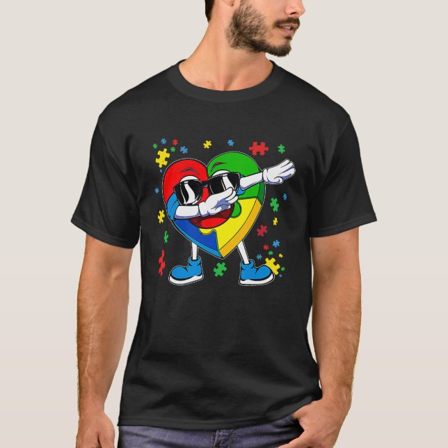 Camiseta Conscientização do Autismo Coração Dançando Peça d (Frente)