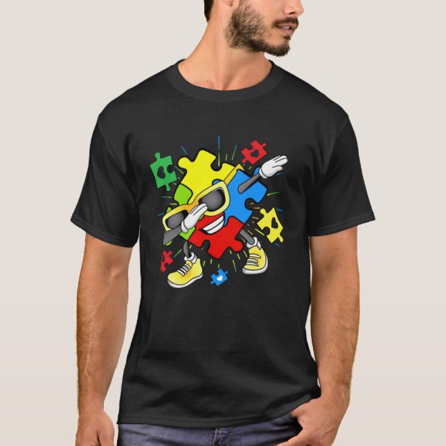 Camiseta Conscientização do Autismo Dançando Peça de Puzzle (Frente)