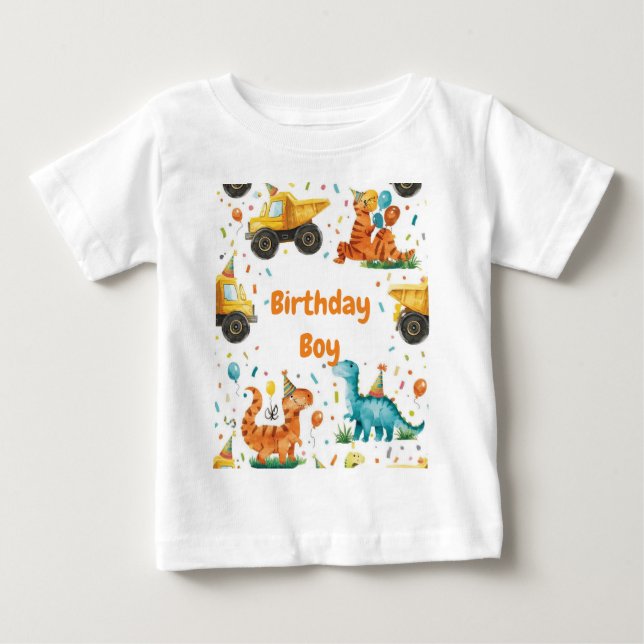 Camiseta Construção Dinossauro Aniversariante Personalizado (Frente)