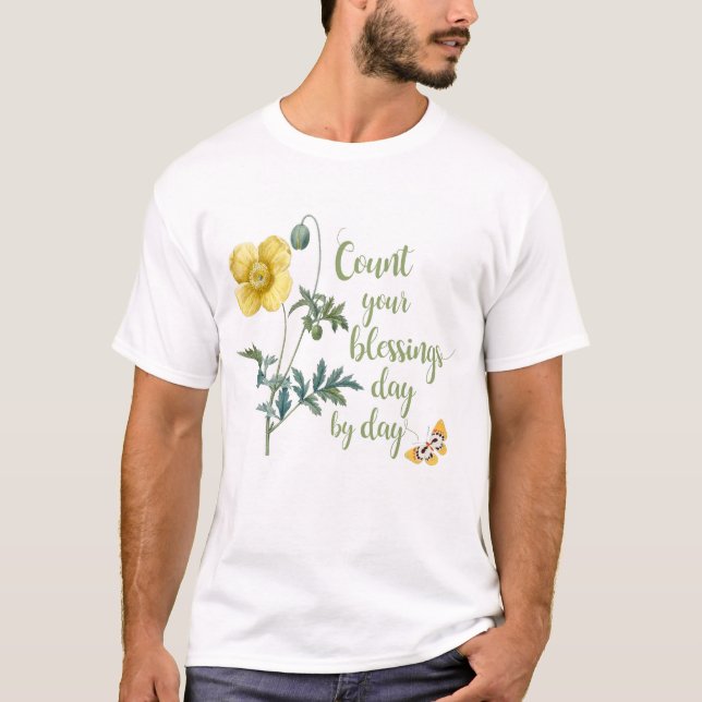 Camiseta Conte suas bênçãos - vintage Papoila Amarela (Frente)