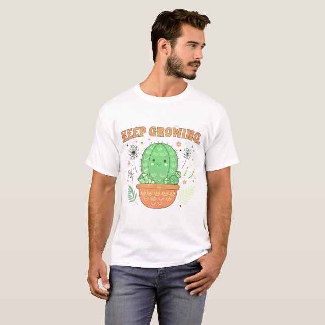 Camiseta Continue Crescendo Cacto Fofo Gráfico Retro (Frente Completa)