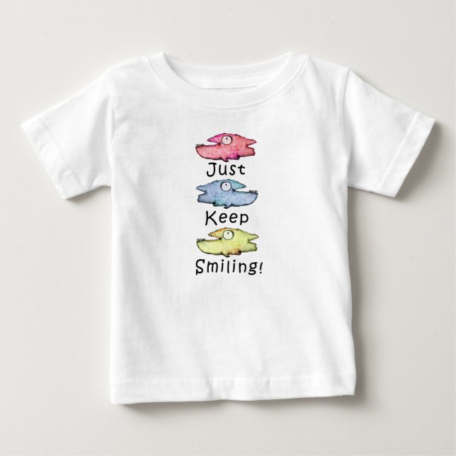 Camiseta Continue Sorridente! Peixes coloridos e dentuços (Frente)