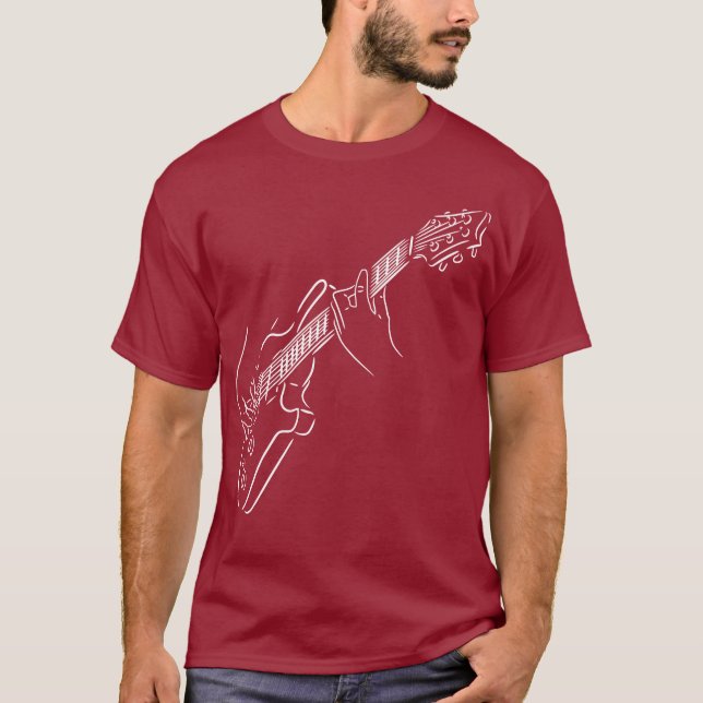 Camiseta Contorno branco do violão. As mãos do músico. (Frente)