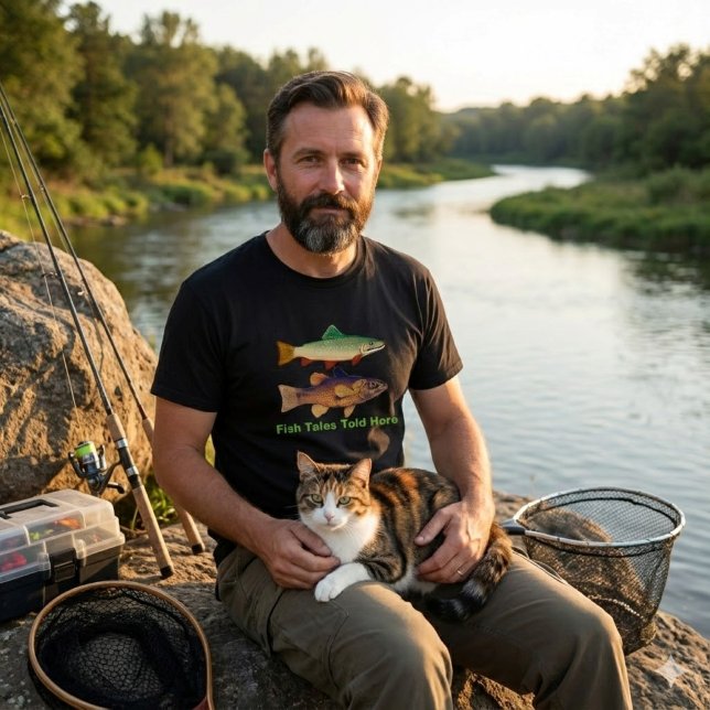Camiseta Contos De Peixe Contados Aqui/Pescador (Medium weight soft and comfy Tee for guys that like to go fishing with their cat .  Great gift idea )