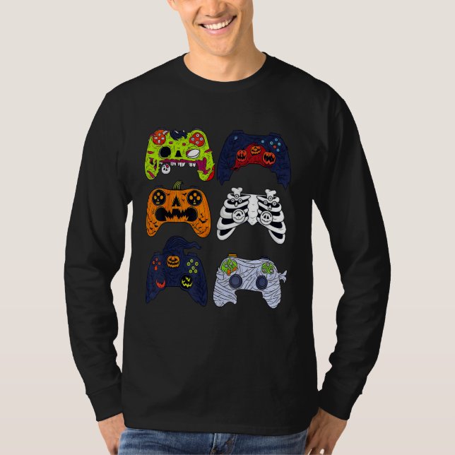 Camiseta Controladores de Jogos do Skeleton do Halloween Zo (Frente)