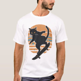 Camiseta Cool Black Cat Skateboarder Retro 80s Sunset Graph