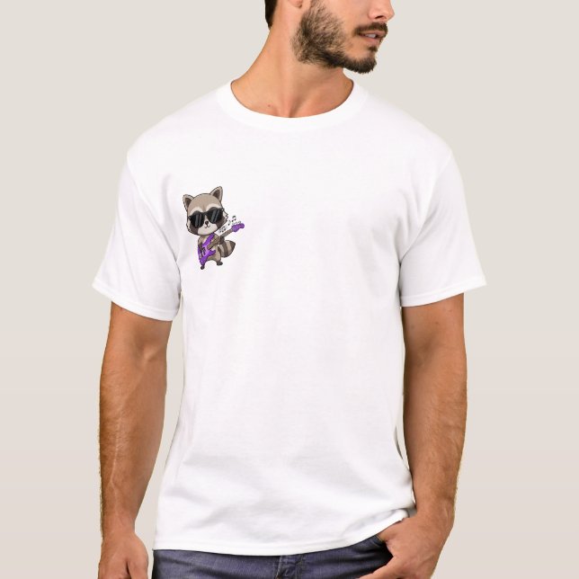 Camiseta Cool Cartoon Raccoon Playing Purple Bass Guitar (Frente)