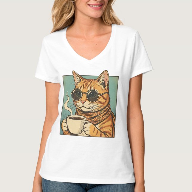 Camiseta Cool Cat Coffee Retro Style Design for Cat Lovers (Frente)
