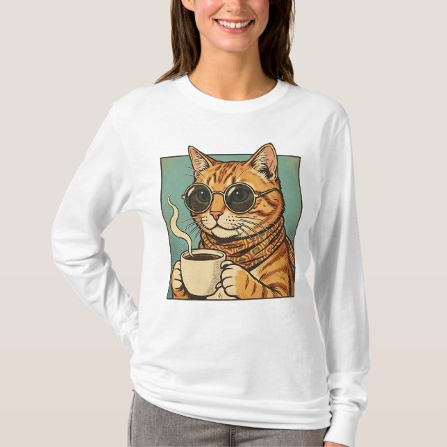 Camiseta Cool Cat Coffee Retro Style Design for Cat Lovers (Frente)