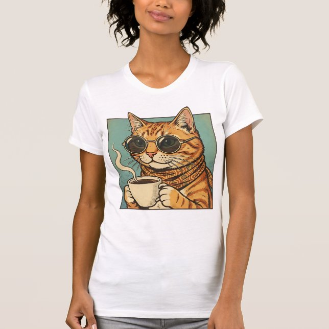 Camiseta Cool Cat Coffee Retro Style Design for Cat Lovers (Frente)