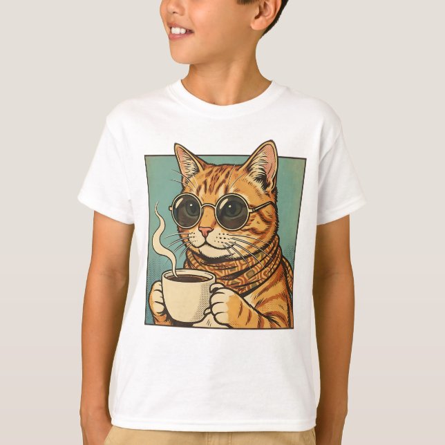Camiseta Cool Cat Coffee Retro Style Design for Cat Lovers (Frente)