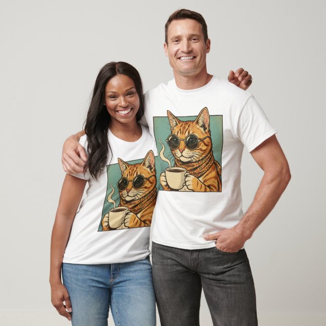Camiseta Cool Cat Coffee Retro Style Design for Cat Lovers (Unissex)