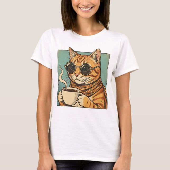 Camiseta Cool Cat Coffee Retro Style Design for Cat Lovers (Frente)
